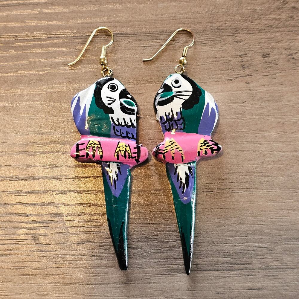 Vintage Green Wooden Tropical Parrot Dangle Earrings
